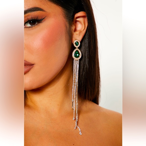 Fashion nova no strings attached faux emerald gold earrings dramatic long - Picture 1 of 8